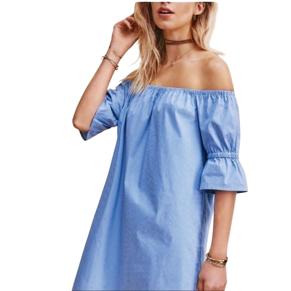 1 State Womens off the shoulder mini dress with blue white stripes size small